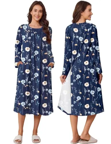 Women's Long-Sleeve Open-Back Dress, Navy Print