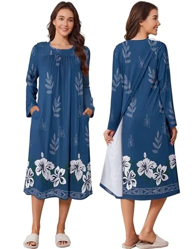 Women's Long-Sleeve Open-Back Dress, Dark Blue Print