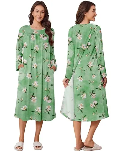 Unisex Open-Back Nightgown, Green Print