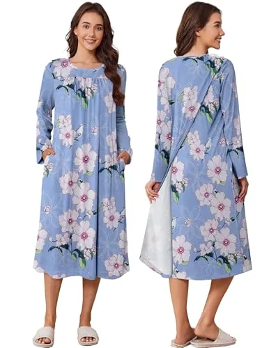 Women's Long-Sleeve Open-Back Dress, Blue Print
